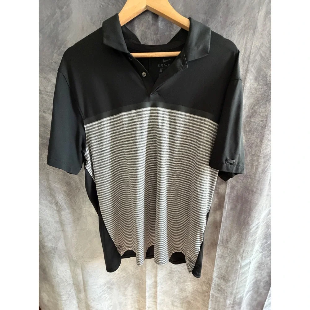Nike Tiger Woods TW Dri-FIT‎ Golf Polo Shirt Mens Large Black Grey Striped L